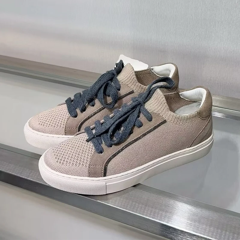 Knit Fabric Lace Up Sneakers - 여성 니트 통기성 스니커즈 봄 가을